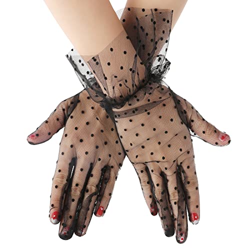 ASTER Kurze Spitzenhandschuhe Schwarze Handschuhe Lace Gloves Damen Spitzenhandschuhe Elegante Schwarze Punkt Netzhandschuhe Spitzen Sonnenschutzhandschuhe Damen Hochzeit Dinner Party 1980er Wear von ASTER