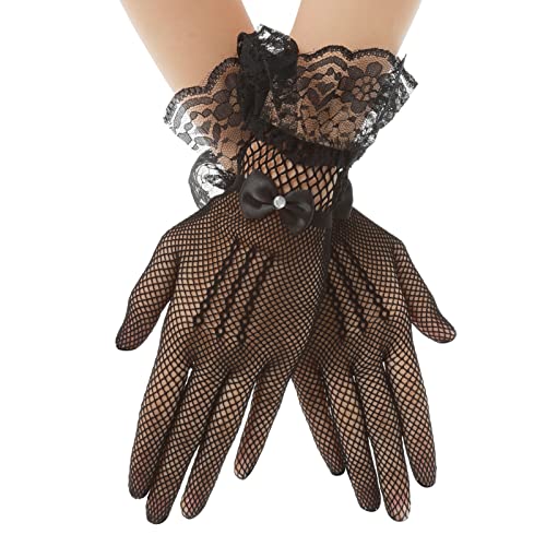 Netzhandschuhe schwarz Halloween Kurze Lace Gloves Damen Fishnet Gloves Spitzenhandschuhe Blumenspitzen Handschuhe Schwarz Sonnenschutz Handschuhe Damen Hochzeits Dinner Party 1980er Partykleidung von ASTER