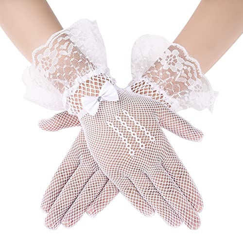 ASTER Netzhandschuhe Weiße Kurze Lace Gloves Damen Fishnet Gloves Spitzenhandschuhe Blumenspitzen Handschuhe Weiße Sonnenschutz Handschuhe Damen Hochzeits Dinner Party 1980er Partykleidung von ASTER
