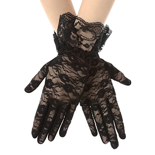 Netzhandschuhe Spitzen Kurze Schwarze Handschuhe Damen Schwarze Lace Short Gloves Kurze Spitzenhandschuhe Blumenhandschuhe Sonnenschutzhandschuhe Damen Hochzeit Abendessen 1980 Partykostüm Geschenke von ASTER