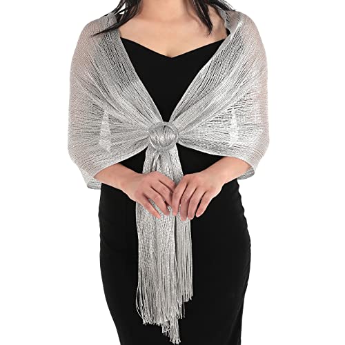 Stola für Abendkleid Glänzendes Metall Schal Stola Damen Festlich Schnalle Wickel Abendkleid Damen Schal für Abend Braut Brautjungfer Geschenk Silber 50x175cm mit Quaste von ASTER