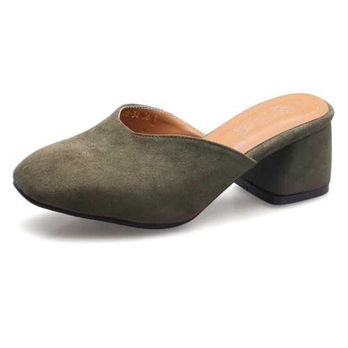 Asterisco Damen Blockabsatz Mules Mitte Absatz Mules Square Toe Ohne Verschluss Simple Tägliche Sandales, P21863Yw Khaki Gr 43 EU/45Cn von Asterisco