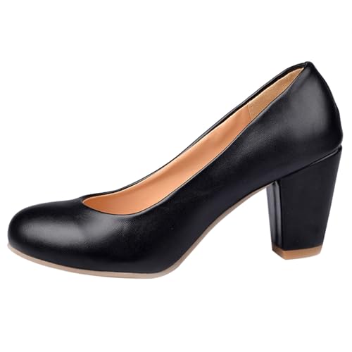 Asterisco Damen Blockieren Fersenpumps Höhe Ferse Schuhe Runde Zehen Ohne Verschluss Elegant Abendschuhe, M12178Dh Schwarz Gr 44 EU/46Cn von Asterisco