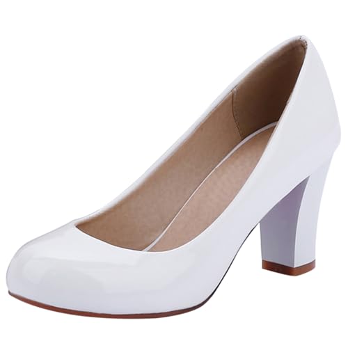 Asterisco Damen Blockieren Fersenpumps Höhe Ferse Schuhe Runde Zehen Ohne Verschluss Elegant Abendschuhe, S15870Wu Weiß Gr 36 EU von Asterisco