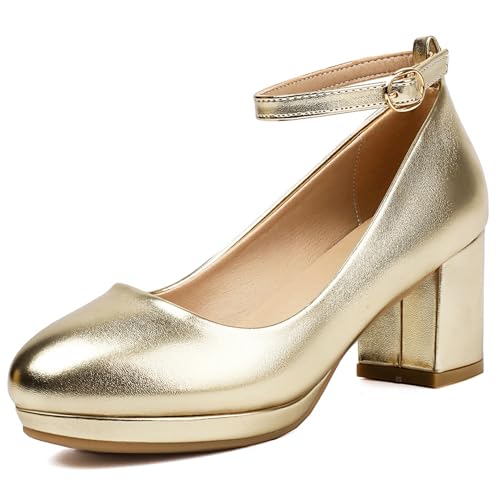 Asterisco Damen Blockieren Fersenpumps mit Plateau Kleid Mitte Absatz Schuhe-240086 Gold Gr 39 EU/40Cn von Asterisco