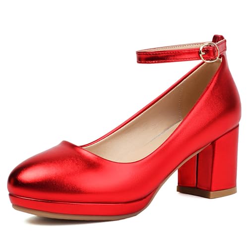 Asterisco Damen Blockieren Fersenpumps mit Plateau Kleid Mitte Absatz Schuhe-240086 Rot Gr 34 EU von Asterisco