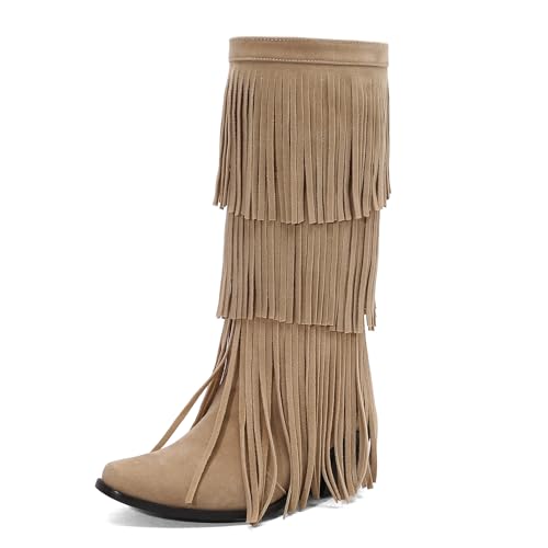 Asterisco Damen Hohe Stiefel Block Mitte Absatz Ohne Verschluss Pointed Toe 240784 Beige Gr 36.5 EU/37Cn von Asterisco