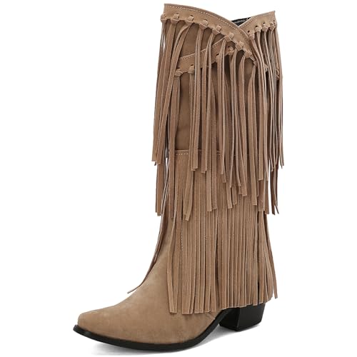 Asterisco Damen Hohe Stiefel Block Mitte Absatz Ohne Verschluss Pointed Toe 240888 Beige Gr 38 EU/39Cn von Asterisco