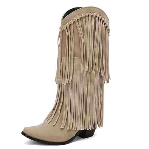 Asterisco Damen Hohe Stiefel Block Mitte Absatz Ohne Verschluss Pointed Toe 240889 Beige Gr 41 EU/43Cn von Asterisco