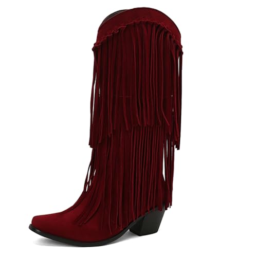 Asterisco Damen Hohe Stiefel Block Mitte Absatz Ohne Verschluss Pointed Toe 240889 Rot Gr 40.5 EU/42Cn von Asterisco
