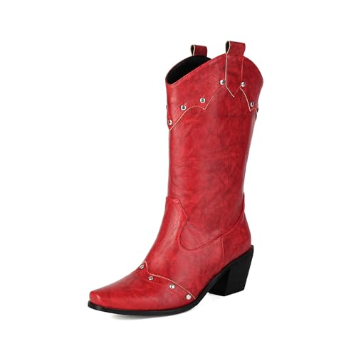 Asterisco Damen Hohe Stiefel Block Mitte Absatz Ohne Verschluss Square Toe 240793 Rot Gr 47 EU/49Cn von Asterisco