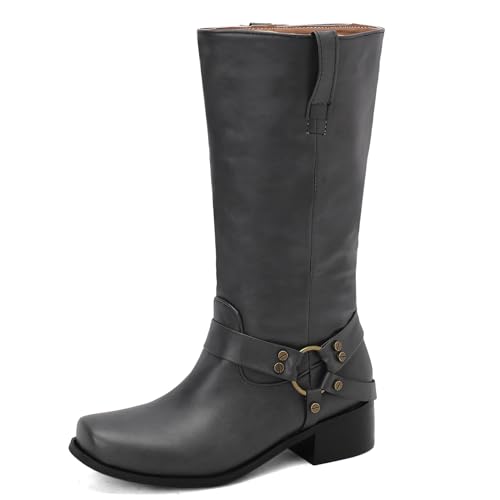 Asterisco Damen Hohe Stiefel Block Mitte Absatz Ohne Verschluss Square Toe 240882 Grau Gr 34 EU von Asterisco