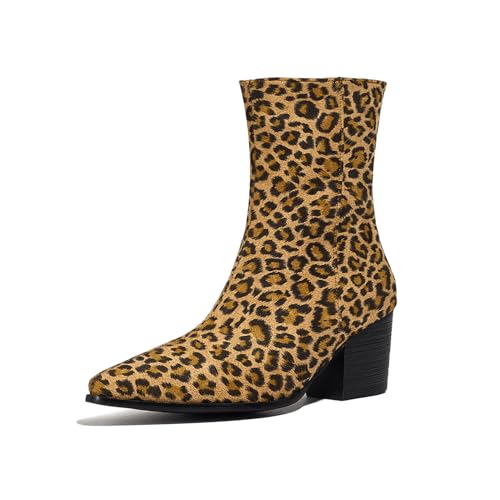 Asterisco Damen Hohe Stiefel Block Mitte Absatz Reißverschluss Pointed Toe 240850 Leopard-Print Gr 38 EU/39Cn von Asterisco