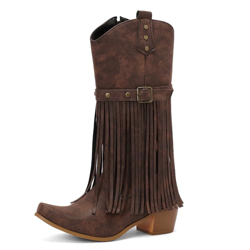 Asterisco Damen Hohe Stiefel Block Mitte Absatz Reißverschluss Pointed Toe 240881 Braun Gr 36.5 EU/37Cn von Asterisco