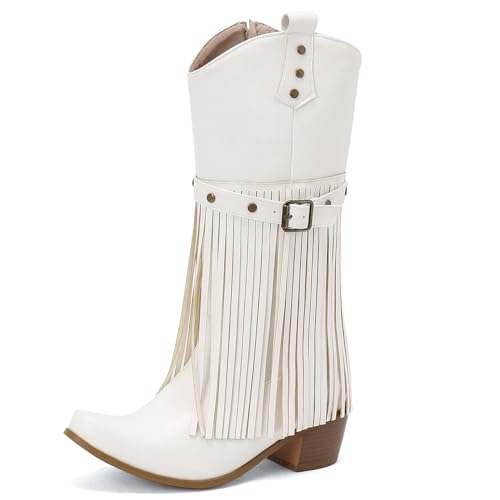 Asterisco Damen Hohe Stiefel Block Mitte Absatz Reißverschluss Pointed Toe 240881 Weiß Gr 42 EU/44Cn von Asterisco