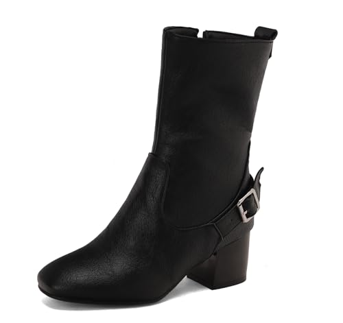 Asterisco Damen Hohe Stiefel Block Mitte Absatz Reißverschluss Pointed Toe 240907 Schwarz Gr 40.5 EU/42Cn von Asterisco