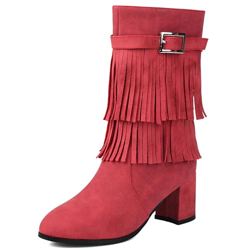 Asterisco Damen Hohe Stiefel Block Mitte Absatz Reißverschluss Runde Zehen 240870 Rot Gr 43 EU/45Cn von Asterisco