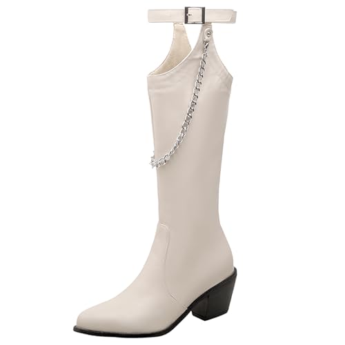 Asterisco Damen Hohe Stiefel Block Mitte Absatz Reißverschluss Runde Zehen 240945 Beige-Weiß Gr 38 EU/39Cn von Asterisco