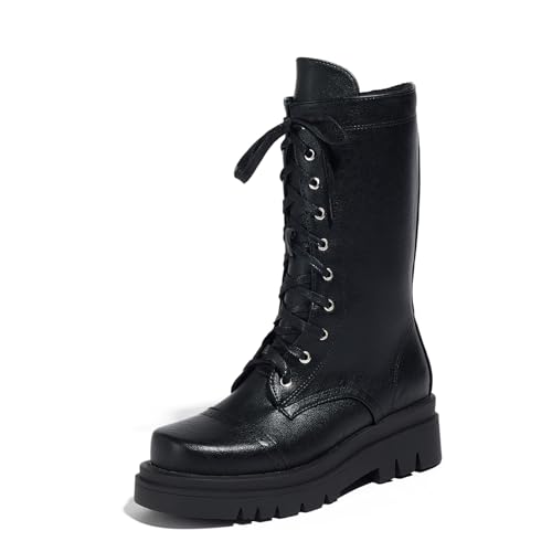 Asterisco Damen Hohe Stiefel Block Mitte Absatz Schnüren Runde Zehen 240824 Schwarz Gr 36 EU von Asterisco