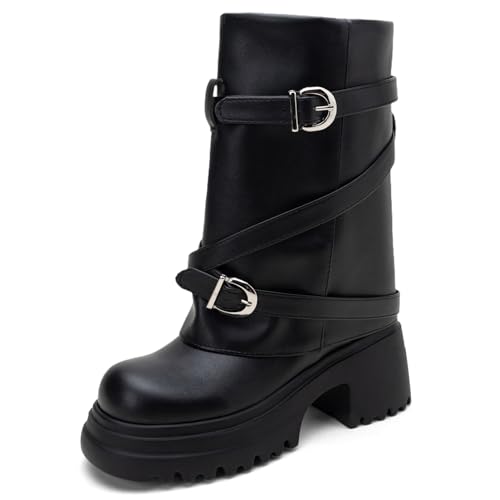 Asterisco Damen Hohe Stiefel Hohen Blockabsatz Ohne Verschluss Runde Zehen 240814 Schwarz Gr 40 EU/41Cn von Asterisco