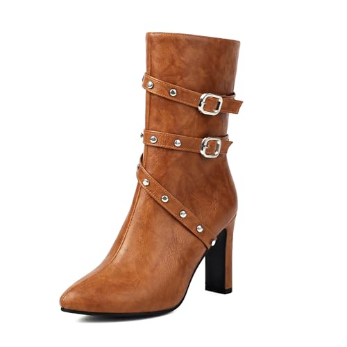 Asterisco Damen Hohe Stiefel Hohen Blockabsatz Reißverschluss Pointed Toe 240794 Braun Gr 36.5 EU/37Cn von Asterisco