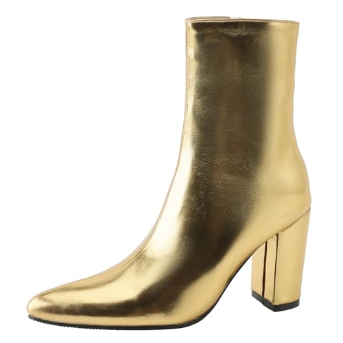 Asterisco Damen Hohe Stiefel Hohen Blockabsatz Reißverschluss Pointed Toe 240927 Gold Gr 41 EU/43Cn von Asterisco