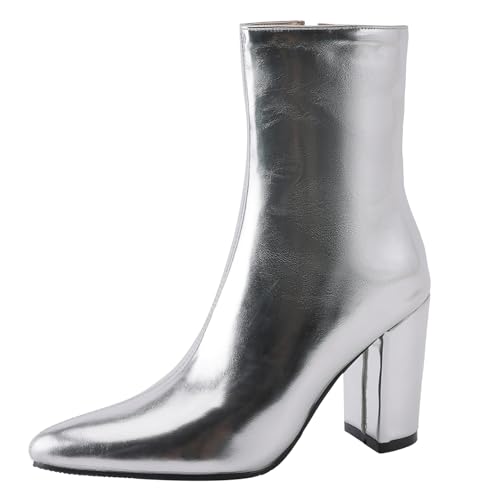 Asterisco Damen Hohe Stiefel Hohen Blockabsatz Reißverschluss Pointed Toe 240927 Silber Gr 33.5 EU/33Cn von Asterisco