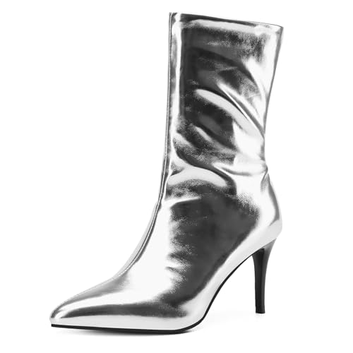 Asterisco Damen Hohe Stiefel Stiletto Höhe Ferse Ohne Verschluss Pointed Toe 240934 Silber Gr 43 EU/45Cn von Asterisco