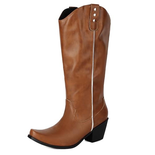 Asterisco Damen Kniehohe Stiefel Block Mitte Absatz Ohne Verschluss Pointed Toe 240858 Braun Gr 34 EU von Asterisco