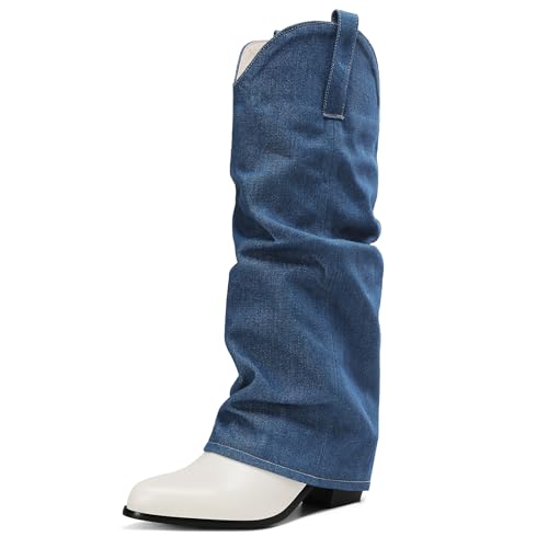 Asterisco Damen Kniehohe Stiefel Block Mitte Absatz Ohne Verschluss Pointed Toe 240935 Blau Gr 36.5 EU/37Cn von Asterisco