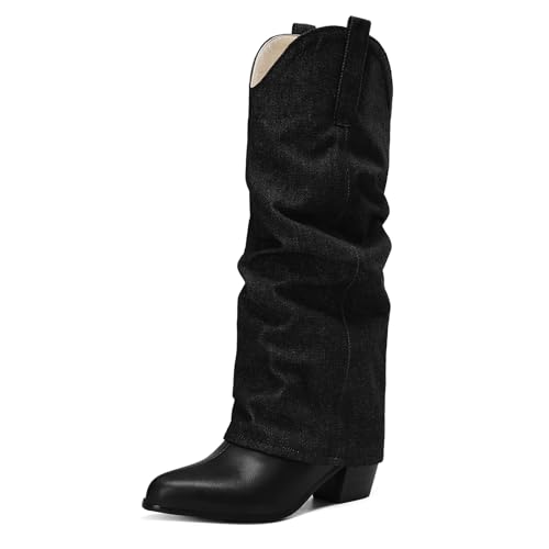 Asterisco Damen Kniehohe Stiefel Block Mitte Absatz Ohne Verschluss Pointed Toe 240935 Schwarz Gr 36 EU von Asterisco