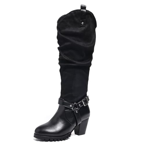 Asterisco Damen Kniehohe Stiefel Block Mitte Absatz Ohne Verschluss Runde Zehen 240817 Schwarz Gr 42 EU/44Cn von Asterisco