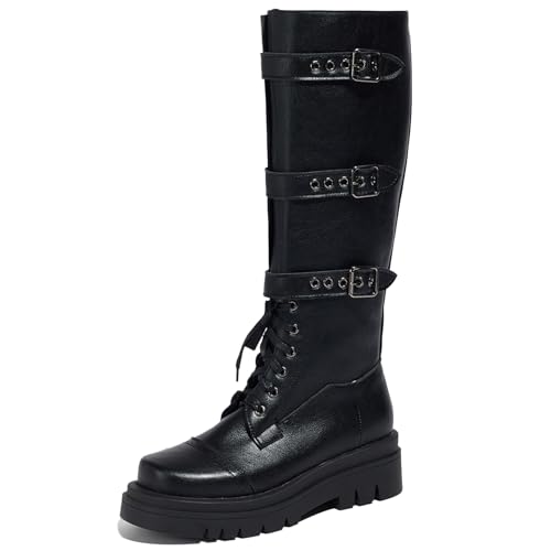 Asterisco Damen Kniehohe Stiefel Block Mitte Absatz Ohne Verschluss Runde Zehen 240834 Schwarz Gr 36.5 EU/37Cn von Asterisco