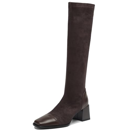 Asterisco Damen Kniehohe Stiefel Block Mitte Absatz Ohne Verschluss Square Toe 240788 Braun Gr 40.5 EU/42Cn von Asterisco
