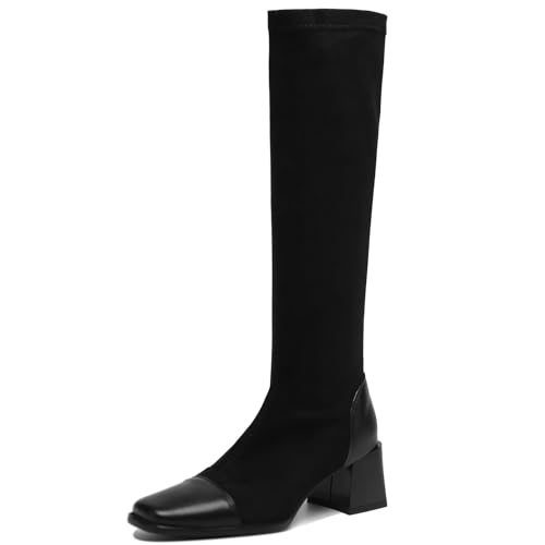 Asterisco Damen Kniehohe Stiefel Block Mitte Absatz Ohne Verschluss Square Toe 240788 Schwarz Gr 40.5 EU/42Cn von Asterisco