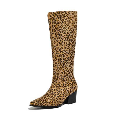 Asterisco Damen Kniehohe Stiefel Block Mitte Absatz Reißverschluss Pointed Toe 240851 Leopard-Print Gr 36.5 EU/37Cn von Asterisco