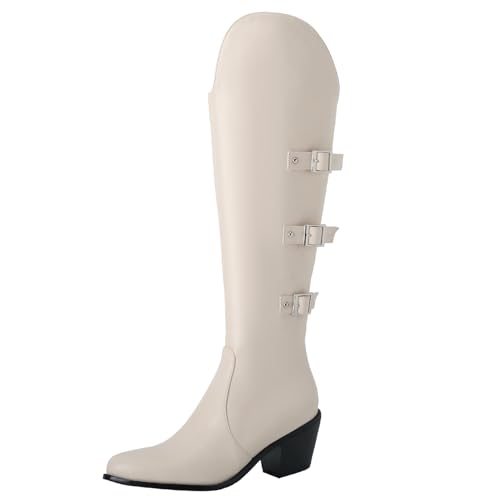 Asterisco Damen Kniehohe Stiefel Block Mitte Absatz Reißverschluss Pointed Toe 240946 Weiß Gr 40.5 EU/42Cn von Asterisco