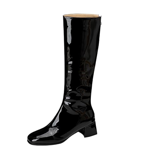 Asterisco Damen Kniehohe Stiefel Block Mitte Absatz Reißverschluss Runde Zehen 240809 Schwarz Gr 41 EU/43Cn von Asterisco