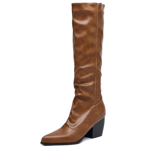 Asterisco Damen Kniehohe Stiefel Hohen Blockabsatz Ohne Verschluss Pointed Toe 240912 Braun Gr 34 EU von Asterisco