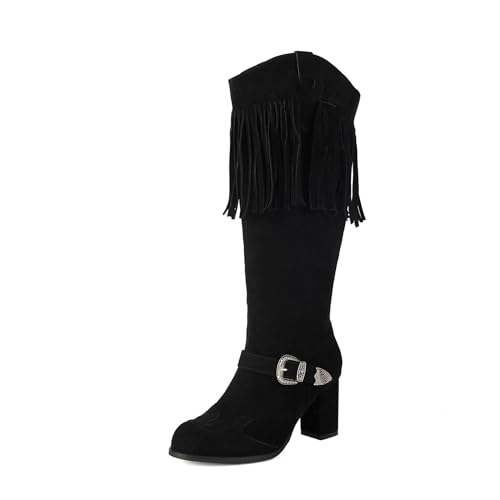 Asterisco Damen Kniehohe Stiefel Hohen Blockabsatz Ohne Verschluss Runde Zehen 240801 Schwarz Gr 39 EU/40Cn von Asterisco