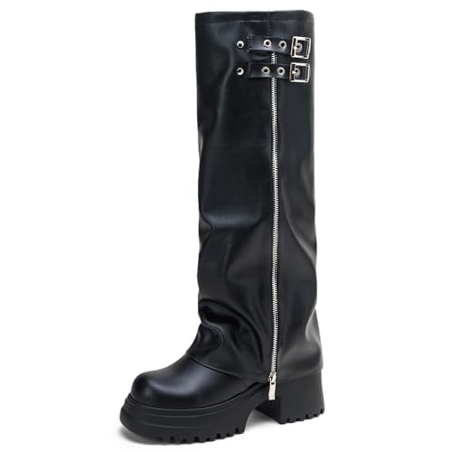 Asterisco Damen Kniehohe Stiefel Hohen Blockabsatz Ohne Verschluss Runde Zehen 240810 Schwarz Gr 40.5 EU/42Cn von Asterisco