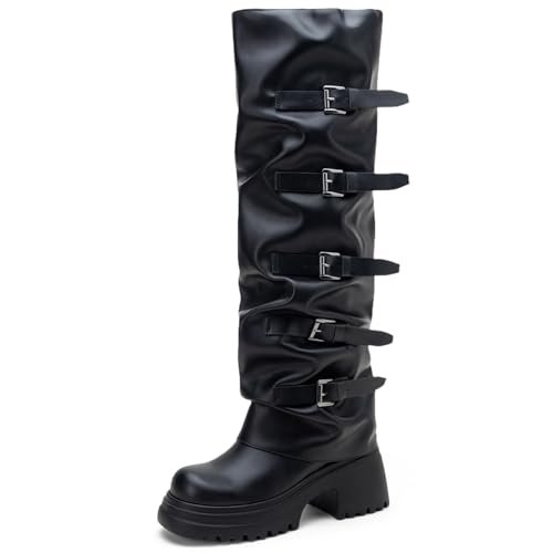 Asterisco Damen Kniehohe Stiefel Hohen Blockabsatz Ohne Verschluss Runde Zehen 240811 Schwarz Gr 34 EU von Asterisco