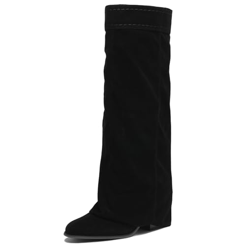 Asterisco Damen Kniehohe Stiefel Hohen Blockabsatz Ohne Verschluss Runde Zehen 240913 Schwarz Gr 39 EU/40Cn von Asterisco