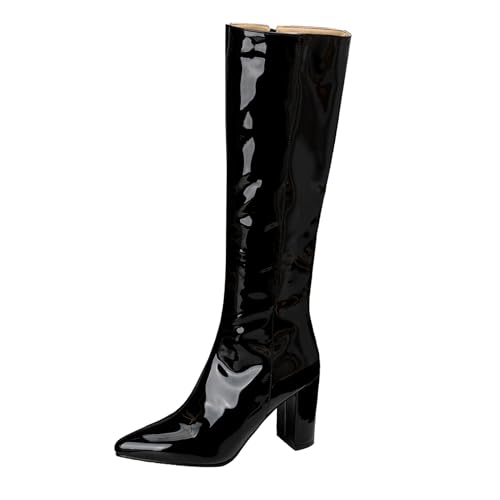 Asterisco Damen Kniehohe Stiefel Hohen Blockabsatz Reißverschluss Pointed Toe 240808 Schwarz Gr 44 EU/46Cn von Asterisco