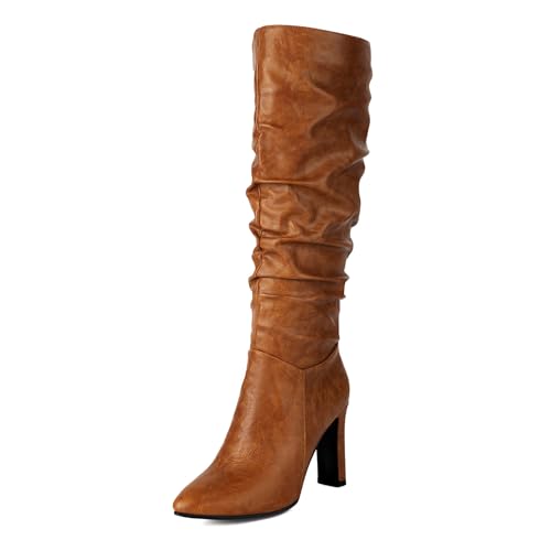Asterisco Damen Kniehohe Stiefel Hohen Blockabsatz Reißverschluss Pointed Toe 240872 Braun Gr 39 EU/40Cn von Asterisco