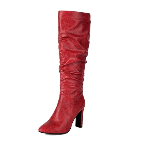 Asterisco Damen Kniehohe Stiefel Hohen Blockabsatz Reißverschluss Pointed Toe 240872 Rot Gr 33.5 EU/33Cn von Asterisco
