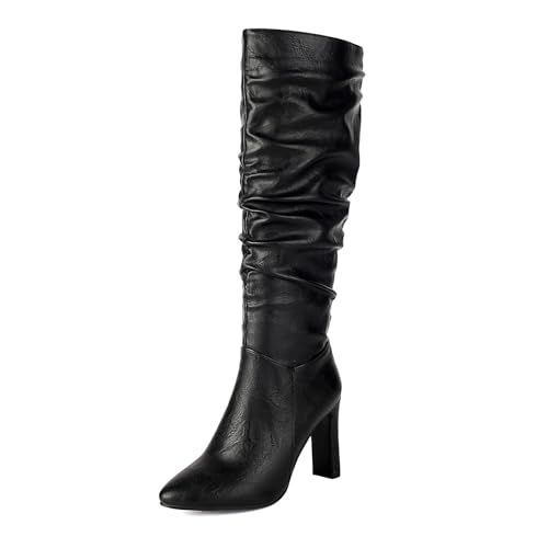 Asterisco Damen Kniehohe Stiefel Hohen Blockabsatz Reißverschluss Pointed Toe 240872 Schwarz Gr 36.5 EU/37Cn von Asterisco