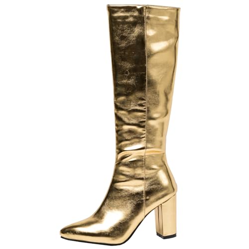 Asterisco Damen Kniehohe Stiefel Hohen Blockabsatz Reißverschluss Pointed Toe 240939 Gold Gr 40.5 EU/42Cn von Asterisco