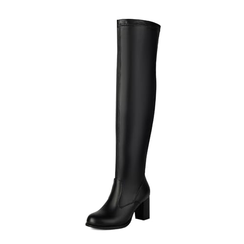 Asterisco Damen Kniehohe Stiefel Hohen Blockabsatz Reißverschluss Runde Zehen 240798 Schwarz Gr 41 EU/43Cn von Asterisco