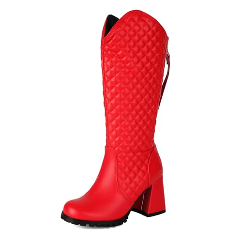 Asterisco Damen Kniehohe Stiefel Hohen Blockabsatz Reißverschluss Runde Zehen 240804 Rot Gr 41 EU/43Cn von Asterisco